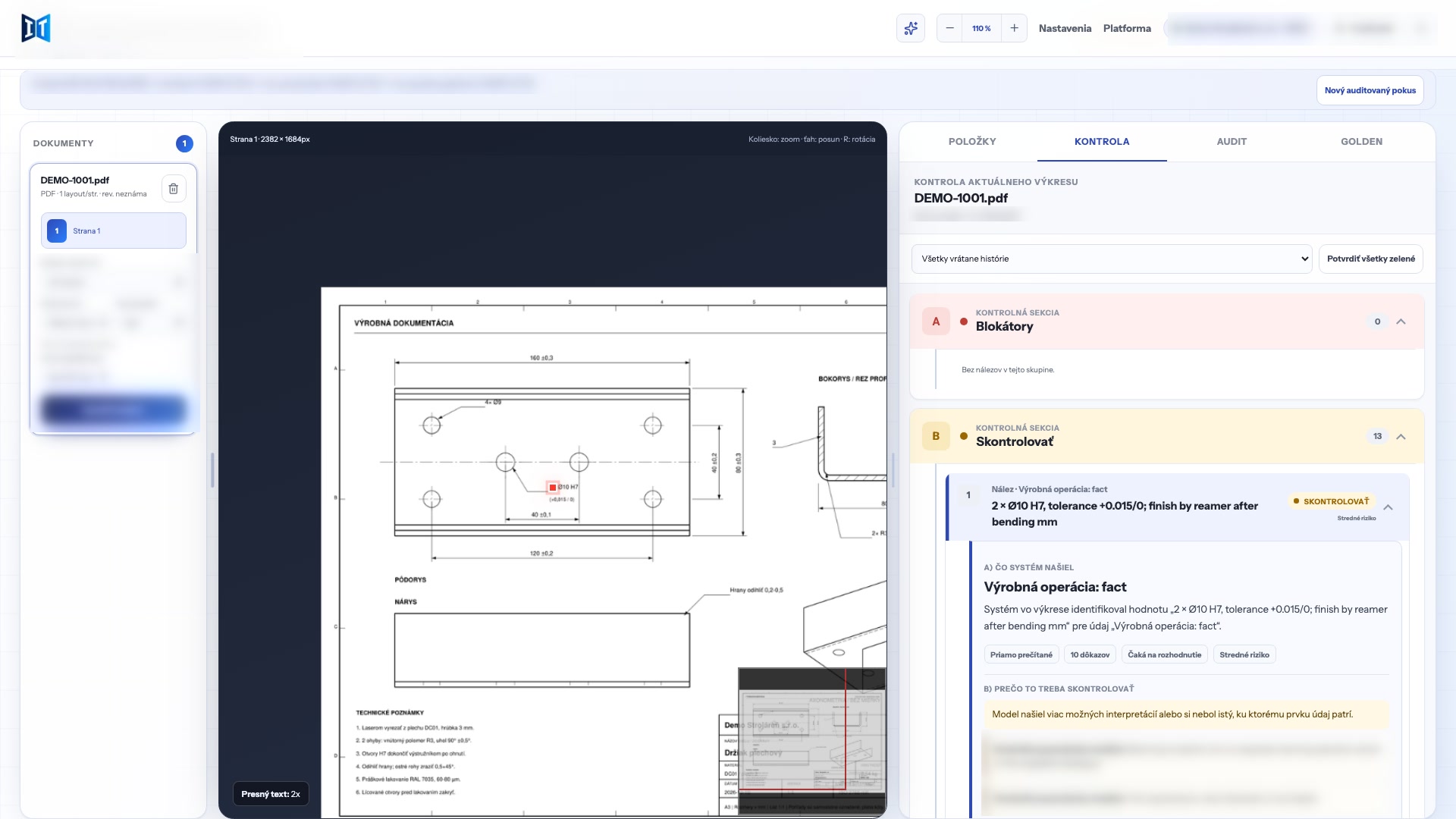 Real Drawing Intelligence screen: a value highlighted on the drawing and the reason it needs checking
